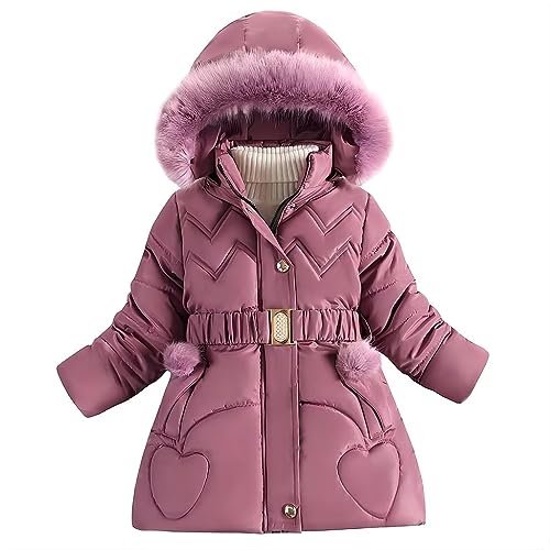 linboo Kinder Winterjacke Mädchen Wintermantel Gefüttert Parka Baumwolljacke Lange Warme Winter Jacke mit Kapuze, Plüsch Ball, Gürtel, Lila, 116 von linboo