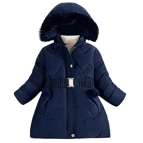 linboo Kinder Winterjacke Mädchen Wintermantel Gefüttert Parka Baumwolljacke Lange Warme Winter Jacke mit Kapuze, Plüsch Ball, Gürtel, Marineblau, 116 von linboo