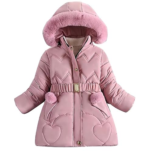 linboo Kinder Winterjacke Mädchen Wintermantel Gefüttert Parka Baumwolljacke Lange Warme Winter Jacke mit Kapuze, Plüsch Ball, Gürtel, Rosa, 122-128 von linboo