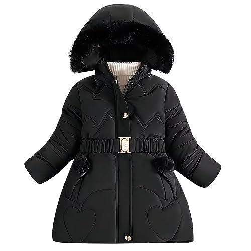 linboo Kinder Winterjacke Mädchen Wintermantel Gefüttert Parka Baumwolljacke Lange Warme Winter Jacke mit Kapuze, Plüsch Ball, Gürtel, Schwarz, 98-110 von linboo