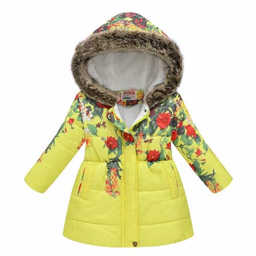 linboo Kinder Winterjacke Mädchen Wintermantel mit Kapuze Klassisch Fleece Mäntel mit Blumen Warme Parka Jacke Modische Outdoorjacke mit Bund, Gelb, 116 von linboo