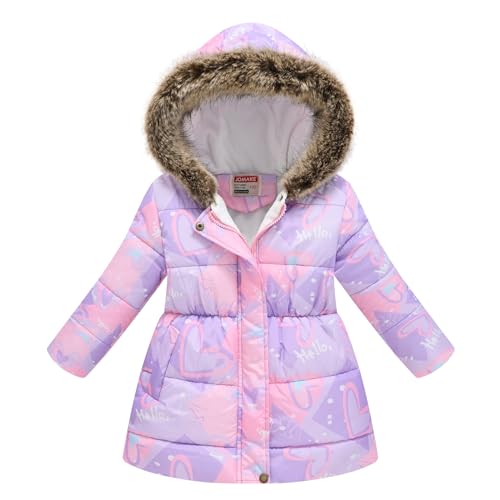 linboo Kinder Winterjacke Mädchen Wintermantel mit Kapuze Klassisch Fleece Mäntel mit Blumen Warme Parka Jacke Modische Outdoorjacke mit Bund, Lila Liebe, 104-110 von linboo