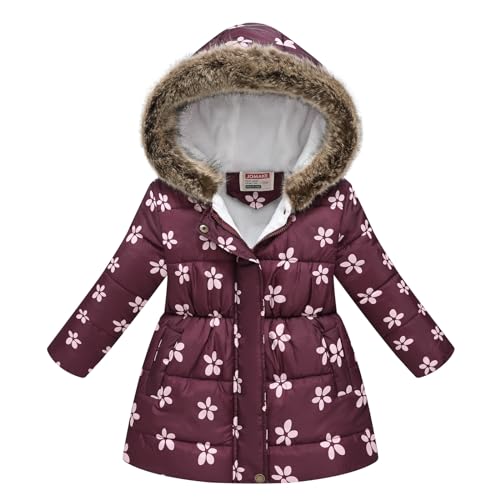 linboo Kinder Winterjacke Mädchen Wintermantel mit Kapuze Klassisch Fleece Mäntel mit Blumen Warme Parka Jacke Modische Outdoorjacke mit Bund, Pflaume Lila, 122-128 von linboo