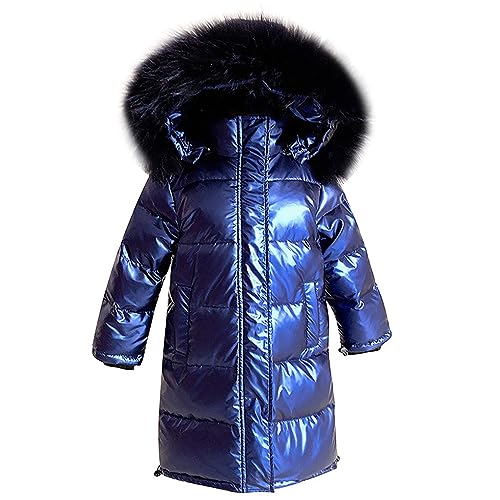 linboo Unisex Kinder Winterjacke Mädchen Winterparka Jungen mit Fellkapuze Outdoor Wintermantel Warme Parka Jacke Dicke Steppjacke Winddicht Baumwolle Jacke, Blau, 128 von linboo