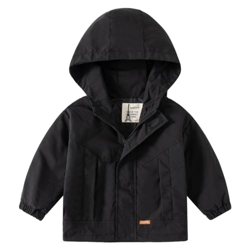 linboo Kinderjacke mit Kapuze Jungen Windjacke Kapuzenpullover mit Reißverschluss Frühling Jacke Übergangsjacke Baby Mäntel Herbst, Schwarz, 86-92 von linboo