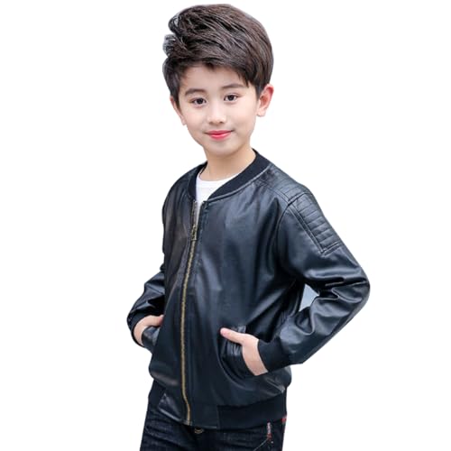 linboo Lederjacke Jungen Bikerjacke aus Kunstleder Jacke Kinder Kragen Motorrad Bomberjacke Frühjahr & Herbst übergangsjacke Mädchen, Schwarz, 146-152 von linboo