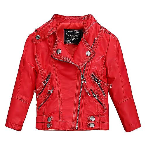 linboo Lederjacke Jungen Mädchen Motorrad Bikerjacke Kinder Stehkragen Bomberjacke PU Lederjacken Frühling Herbst übergangsjacke, Rot, 128 von linboo