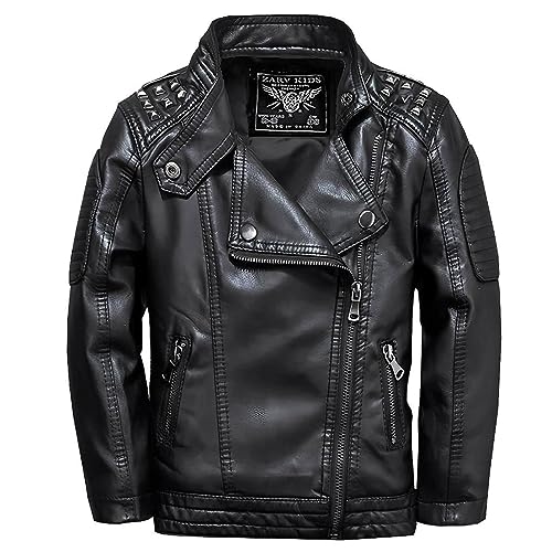 linboo Lederjacke Jungen übergangsjacke Frühling Herbst Kinder Bomberjacke Motorrad Bikerjacke Mädchen Lederimitat Jacke, Schwarz, 128 von linboo