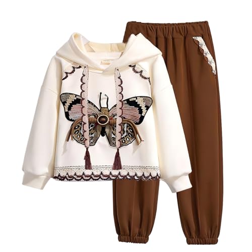 linboo Mädchen Bekleidungsset Kinder Sportanzug Jogginganzug 2-teiliges Sweatshirt mit Kapuze + Sporthose Trainingsanzug Schmetterlingsstickerei, Schmetterlingskaffee, 164 von linboo