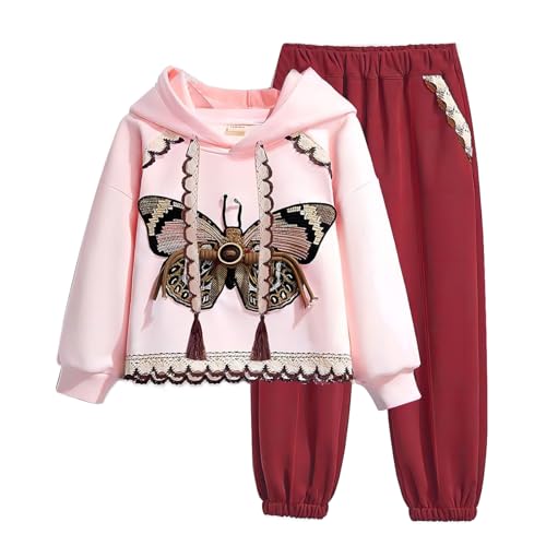 linboo Mädchen Bekleidungsset Kinder Sportanzug Jogginganzug 2-teiliges Sweatshirt mit Kapuze + Sporthose Trainingsanzug Schmetterlingsstickerei, Schmetterlingsrosa, 122-128 von linboo