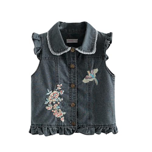 linboo Mädchen Jeansjacke Kinder Jeansweste Ärmellos Mantel Frühling Herbst Denim Weste Spitze Slim Fit Outfit Top, Dunkelblau, 116(Etikettengröße: 120) von linboo
