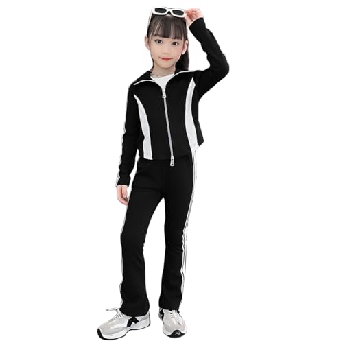 linboo Mädchen Kleidung Set 2-teiliges Sportanzug Sweatjacke&Sporthose Jogginganzug Trainingsanzug Kinder Sportbekleidung, Schwarz, 146-152 von linboo