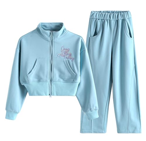 linboo Mädchen Kleidungset 2tlg Jogginganzug Sweatjacke mit Doppeltem Reißverschluss und Sporthose Kinder Sportanzug, Blau, 128-134(Herstellergröße: 140) von linboo
