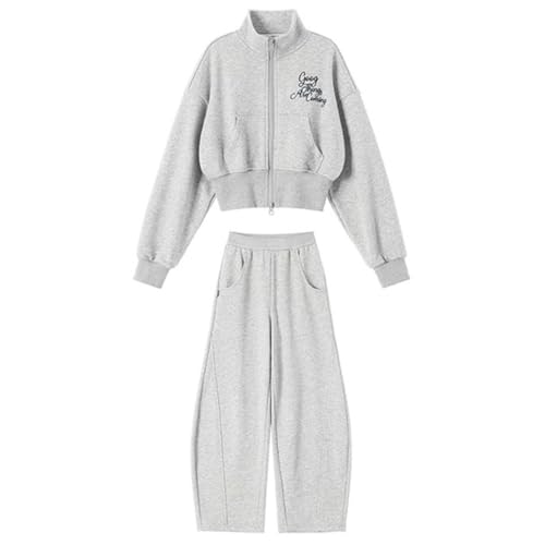 linboo Mädchen Kleidungset 2tlg Jogginganzug Sweatjacke mit Doppeltem Reißverschluss und Sporthose Kinder Sportanzug, Grau, 158-164 von linboo