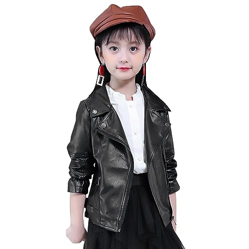 linboo Mädchen Lederjacke Kinder Kragen Motorrad Bikerjacke Bomberjacke Lederimitat Jacke Frühling Herbst übergangsjacke, Schwarz, 146-152 von linboo
