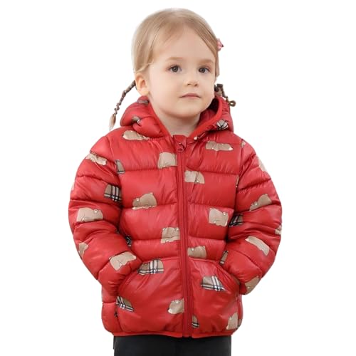 linboo Mädchen Winterjacke Jungen Winter Warm Steppjacke Verdickte Baumwolle Gepolstert Jacke Klassische Winddichte Parka Mäntel Outdoor Kapuzenjacke, Kleiner Bär Rot, 116-122(Herstellergröße: 120) von linboo