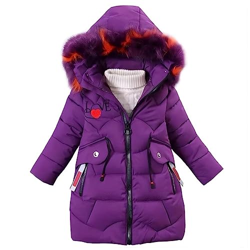 linboo Mädchen Winterjacke Kinder Wintermantel Dicke Steppjacke Lange Warme Parka Baumwolljacke Outdoor Mantel mit Fellkapuze und Love Stickdruck, Lila, 122-128 (M) von linboo