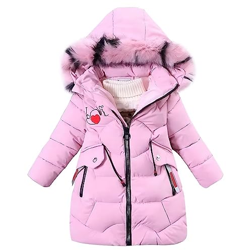 linboo Mädchen Winterjacke Kinder Wintermantel Dicke Steppjacke Lange Warme Parka Baumwolljacke Outdoor Mantel mit Fellkapuze und Love Stickdruck, Rosa, 122-128 (M) von linboo