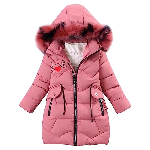 linboo Mädchen Winterjacke Kinder Wintermantel Dicke Steppjacke Lange Warme Parka Baumwolljacke Outdoor Mantel mit Fellkapuze und Love Stickdruck, Rosenrot, 134-140 (L) von linboo