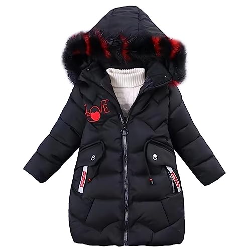 linboo Mädchen Winterjacke Kinder Wintermantel Dicke Steppjacke Lange Warme Parka Baumwolljacke Outdoor Mantel mit Fellkapuze und Love Stickdruck, Schwarz, 158 von linboo