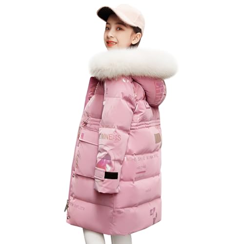 linboo Mädchen Winterjacke mit Fellkapuze Kinder Kapuzenparka Dicke Warm Blouson Wintermantel Outdoor Steppjacken Outerwear, Rosa, 146-152 von linboo