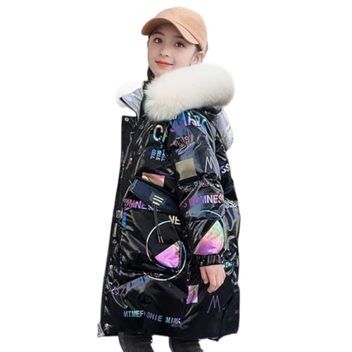 linboo Mädchen Winterjacke mit Fellkapuze Kinder Kapuzenparka Dicke Warm Blouson Wintermantel Outdoor Steppjacken Outerwear, Schwarz, 146-152 von linboo