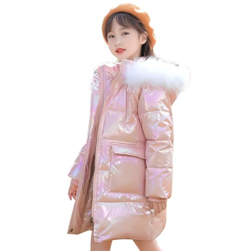 linboo Mädchen Winterjacke mit Fellkapuze Warm Mäntel Dicke Steppjacke mit Reflektierender Oberfläche Winter Puffer Jacke Outdoor Kapuzenjacke Winddicht Parka, Rosa, 104-110(Herstellergröße: 120) von linboo
