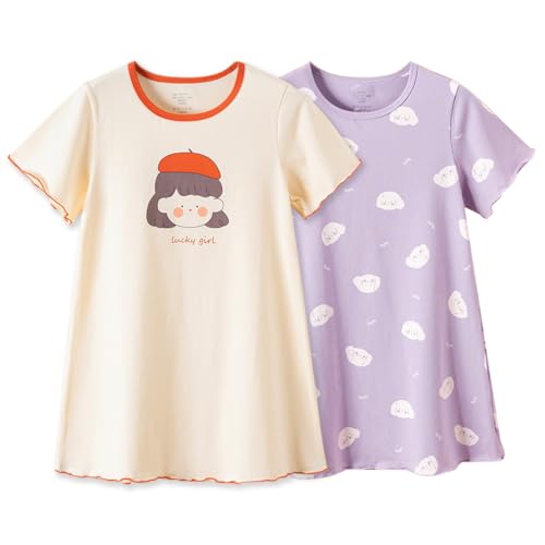 linboo Nachthemden Mädchen Nachthemd Kurzarm Prinzessin Nightgrown Schlafanzug Kinder Nachtkleid mit Niedlichen Prints Sommer Pyjama, 2pcs/Mädchen + Hund, 146-152(Herstellergröße: 150) von linboo
