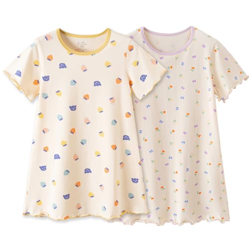 linboo Nachthemden Mädchen Nachthemd Kurzarm Prinzessin Nightgrown Schlafanzug Kinder Nachtkleid mit Niedlichen Prints Sommer Pyjama für Mädchen, 2pcs/Erdbeeren + Blumen, 146-152(Herstellergröße: 150) von linboo