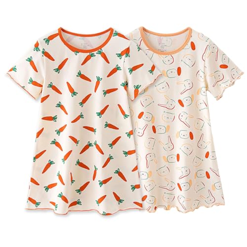 linboo Nachthemden Mädchen Nachthemd Kurzarm Prinzessin Nightgrown Schlafanzug Kinder Nachtkleid mit Niedlichen Prints Sommer Pyjama für Mädchen, Karotten + Kaninchen, 104-110(Herstellergröße: 110) von linboo