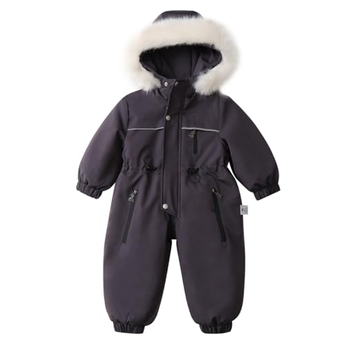 linboo Overall Baby Winter Kinder Warm Schneeanzug mit Kapuze Langarm Jumpsuit Jungen Mädchen Strampler Outfits Winddicht Skioverall Dick Winteranzug, Dunkelgrau, 116-122(Herstellergröße: 120) von linboo
