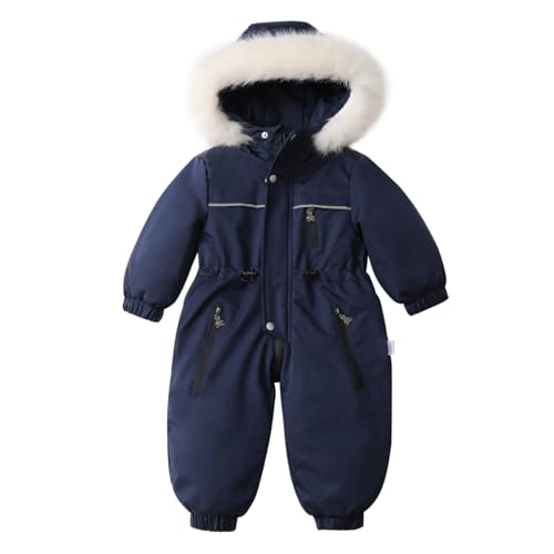 linboo Overall Baby Winter Kinder Warm Schneeanzug mit Kapuze Langarm Jumpsuit Jungen Mädchen Strampler Outfits Winddicht Skioverall Dick Winteranzug, Marineblau, 98(Herstellergröße: 100) von linboo