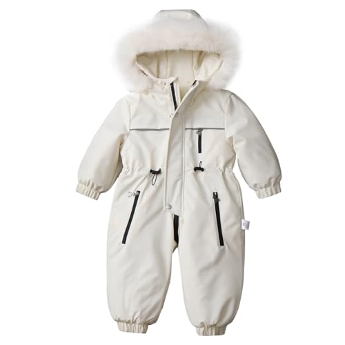 linboo Overall Baby Winter Kinder Warm Schneeanzug mit Kapuze Langarm Jumpsuit Jungen Mädchen Strampler Outfits Winddicht Skioverall Dick Winteranzug, Weiß, 86-92(Herstellergröße: 90) von linboo