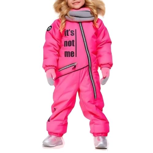 linboo Skioverall Jungen Mädchen Schneeanzug Winddicht Wasserdicht Schneeoverall Warm Atmungsaktiv Skianzug mit Pelzkragen Kapuze Kinder Schnee Outfit Skifahren Bekleidung, Rosa, 146-152(Etikett:150) von linboo