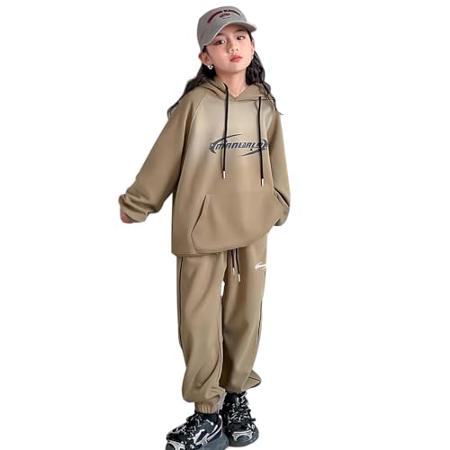 linboo Sportanzug Mädchen 2-teiliges Freizeit Hip-Hop Bekleidung Jogginganzug Hoodie Sporthose Trainingsanzug Kinder Mädchen, Braun, 164 von linboo