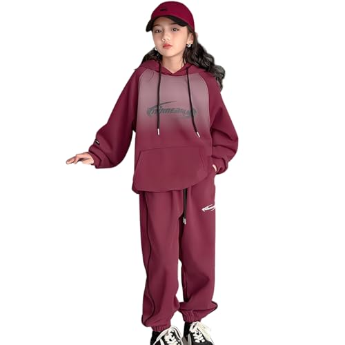 linboo Sportanzug Mädchen 2-teiliges Freizeit Hip-Hop Bekleidung Jogginganzug Hoodie Sporthose Trainingsanzug Kinder Mädchen, Weinrot, 158 von linboo