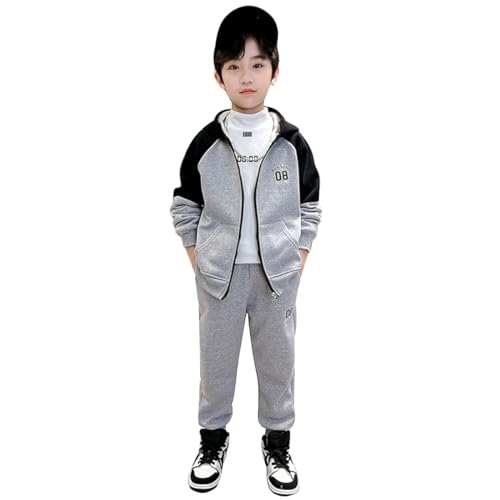 linboo Trainingsanzug Jungen Sportanzug 2tlg Sweatjacke + Hose Jogging Anzug Kinder Kleidung Set Freizeitanzug, Grau, 122-128 von linboo