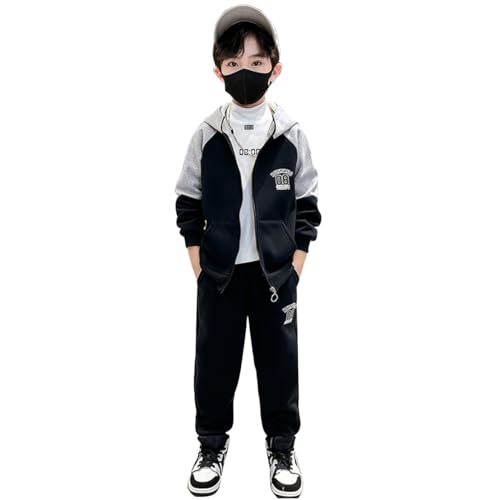 linboo Trainingsanzug Jungen Sportanzug 2tlg Sweatjacke + Hose Jogging Anzug Kinder Kleidung Set Freizeitanzug, Schwarz, 152-158 von linboo