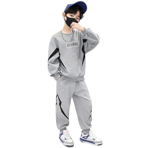 linboo Trainingsanzug Kinder Jungen Bekleidungsset 2tlg Jogging Anzug Hoodie und Hose Sport Kleidung Set Freizeitanzug, Grau/Schwarz, 104-110 von linboo