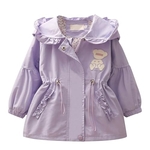 linboo Übergangsjacke Mädchen Softshelljacke Blumen Jacke Kinder Windjacke mit Kapuze Schön Winddichte Mantel Baby Outdoormantel für Frühling Herbst, Kleiner Bär Lila, 80 von linboo