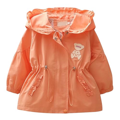 linboo Übergangsjacke Mädchen Softshelljacke Blumen Jacke Kinder Windjacke mit Kapuze Schön Winddichte Mantel Baby Outdoormantel für Frühling Herbst, Kleiner Bär Orange, 104-110 von linboo