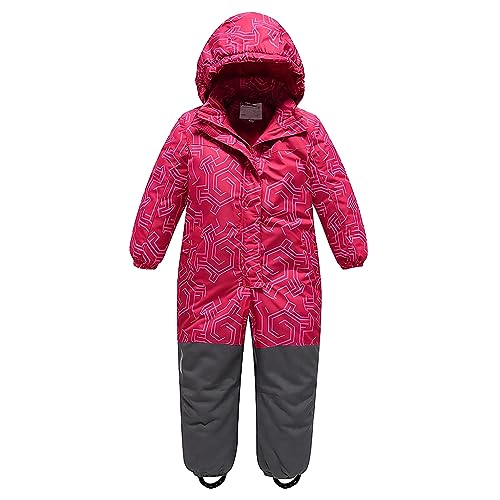 linboo Unisex Kinder Einteiliger Schneeanzüge/Skioverall mit Kapuze Wasserdicht Schneeoverall Verdickte Warm Outdoor Skianzüge Snowboard für Jungen Mädchen, Labyrinth Rot, 110-116(Etikett:110) von linboo