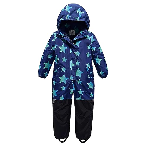 linboo Unisex Kinder Einteiliger Schneeanzüge/Skioverall mit Kapuze Wasserdicht Schneeoverall Verdickte Warm Outdoor Skianzüge Snowboard für Jungen Mädchen, Stern Blau, 110-116(Etikett:110) von linboo