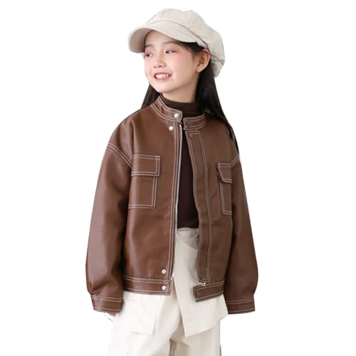 linboo Unisex Kinder Lederjacke Jungen Bomberjacke Mädchen Motorrad Bikerjacke Lederimitat Jacke übergangsjacke Outdoor Jacket, Kaffee, 134-140(Herstellergröße: 140) von linboo
