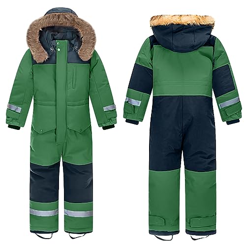 linboo Unisex Kinder Schneeanzug Jungen Mädchen Wasserdicht Skianzug mit Fellkapuze Winddicht Warm Skioverall/Schneeoverall Verdickt Atmungsaktiv Winteranzug, Grün, 134-140(Label size: 140) von linboo