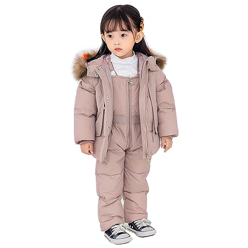 linboo Unisex Kinder Skianzug Jungen Schneeanzug mit Pelzkragen Kapuze Mädchen 2 teilig Bekleidungsset (Skijacke + Skihose) Skioverall Winter Daunenjacke Set, Grün, 104-110(Etikett:120) von linboo