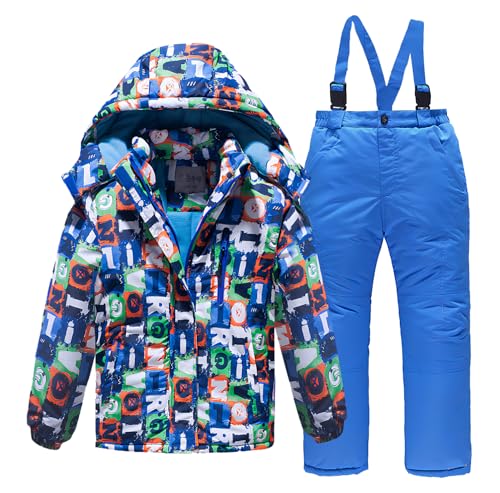 linboo Unisex Kinder Skianzug mit Kapuze Winddicht Wasserdicht Schneeanzug 2 teilig Skijacke + Skihose Verdickte Atmungsaktiv Skioverall für Jungen und Mädchen, Blau, 122-128 von linboo