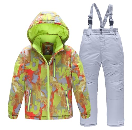 linboo Unisex Kinder Skianzug mit Kapuze Winddicht Wasserdicht Schneeanzug 2 teilig Skijacke + Skihose Verdickte Atmungsaktiv Skioverall für Jungen und Mädchen, Gelb, 134-140 von linboo