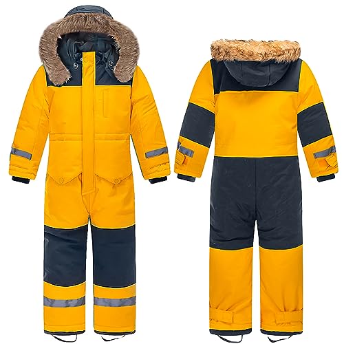 linboo Unisex Kinder Skioverall Wasserdicht Schneeanzug mit Kapuze Atmungsaktiv Schneeoverall Winddicht Skianzug für Jungen Mädchen Verdickt Warm Winteranzug, Gelb, 104-110 von linboo