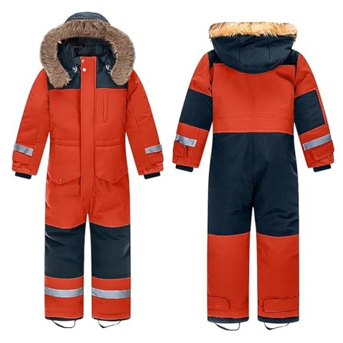 linboo Unisex Kinder Skioverall Wasserdicht Schneeanzug mit Kapuze Atmungsaktiv Schneeoverall Winddicht Skianzug für Jungen Mädchen Verdickt Warm Winteranzug, Orange, 158 von linboo